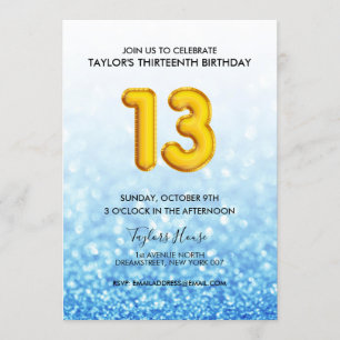 Blue Balloon Glitter 13th Birthday Party Invitation
