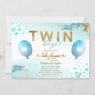 Blue Balloon Gold Twin Boy Baby Shower Invitation