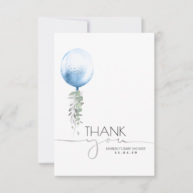 Blue Balloon Greenery Baby Shower Thank You Card (Front)