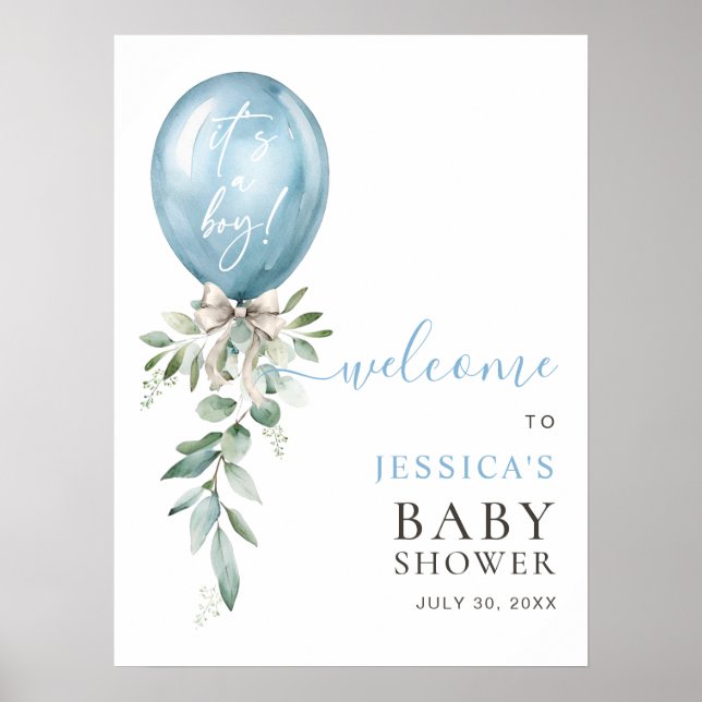 Blue Balloon Greenery Bow Baby Shower Welcome Poster (Front)