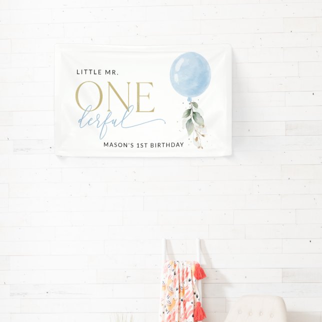 Blue Balloon, Greenery, First Birthday Welcome Banner (Insitu)