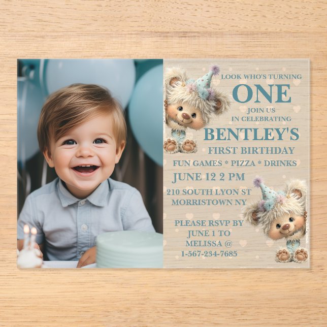 Blue Balloon Hedgehogs Celebration Acrylic Invitations (Front)