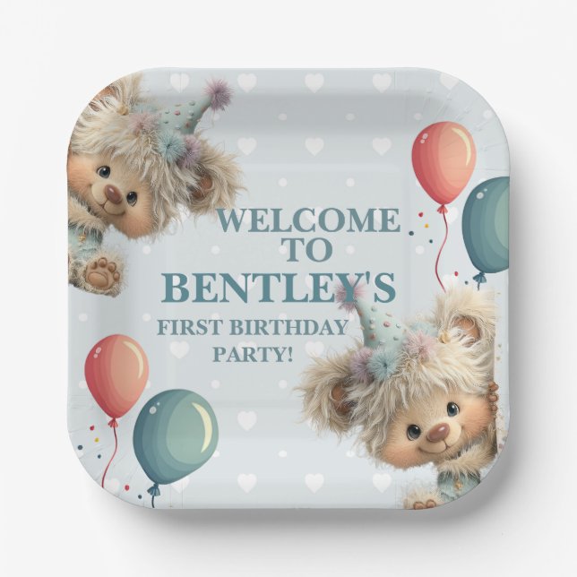 Blue Balloon Hedgehogs Celebration Paper Plate (Front)