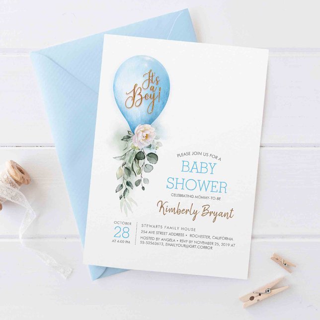 Blue Balloon It's a Boy Baby Shower Invitation (It's a Boy! - Blue Balloon Baby Shower Invitations)