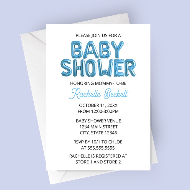 Blue Balloon Letter Baby Shower Invitation (Blue Foil Balloon Letters Baby Shower Invitation)