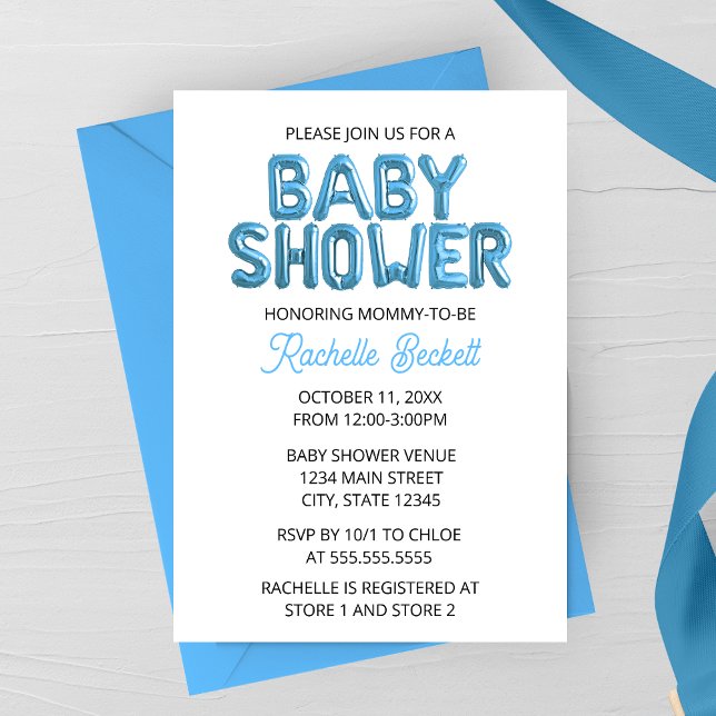 Blue Balloon Letter Baby Shower Invitation (Blue Foil Balloon Letters Baby Shower Invitation)