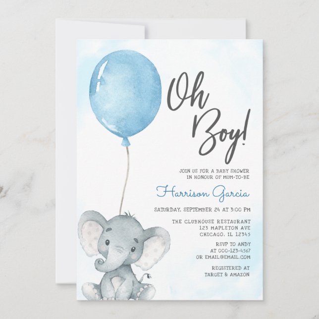 Blue Balloon Oh Boy Elephant Baby Shower Invitatio Invitation (Front)
