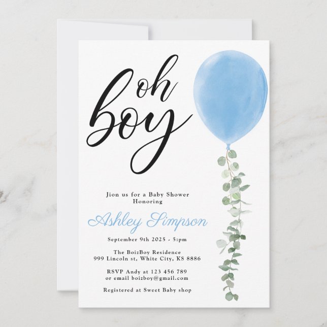 Blue balloon Oh boy eucalyptus baby shower Invitation (Front)