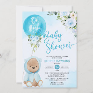 Blue Balloon Oh Boy Teddy bear baby shower Invitation