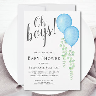 Blue Balloon Oh Boys Twins Baby Shower  Invitation