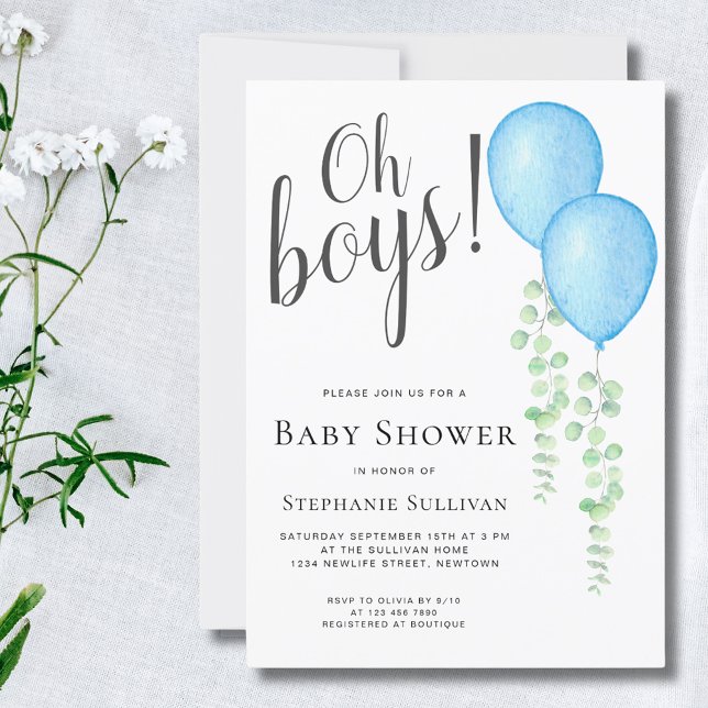 Blue Balloon Oh Boys Twins Baby Shower  Invitation (Creator Uploaded)