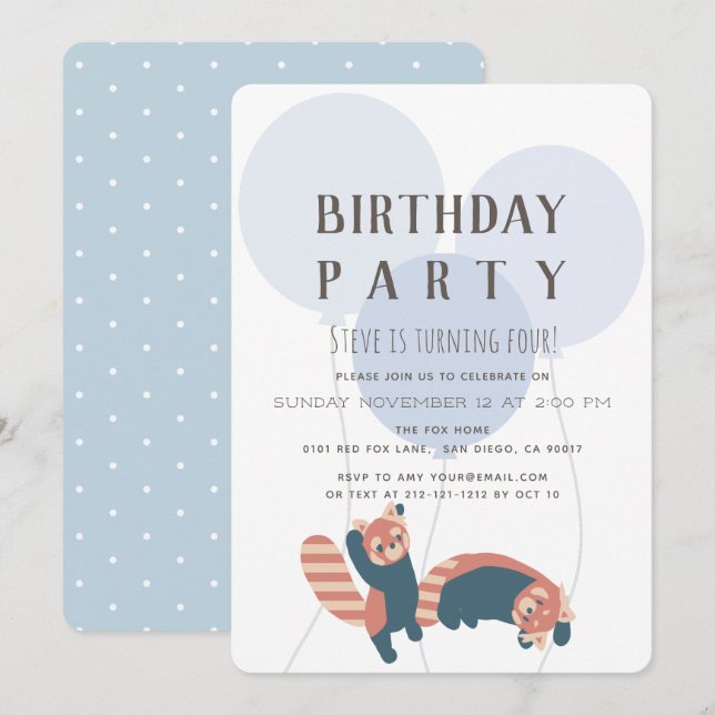 Blue Balloon & Red Panda Birthday Party Invitation (Front/Back)