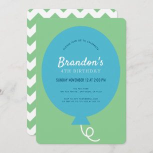 Blue Balloon Simple Green Boy Birthday Invitation