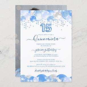 Blue Balloon Sparkle Quinceañera Photo Invitation