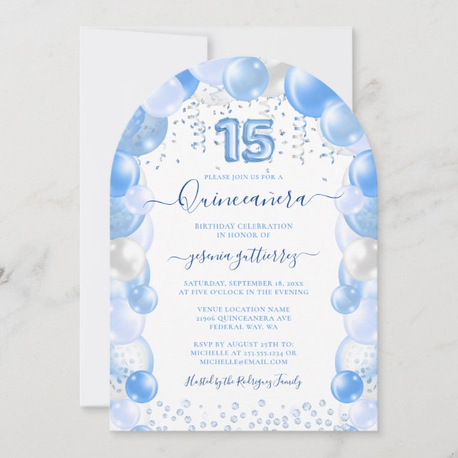 Blue Balloon Sparkle Quinceañera Photo Invitation (Front)