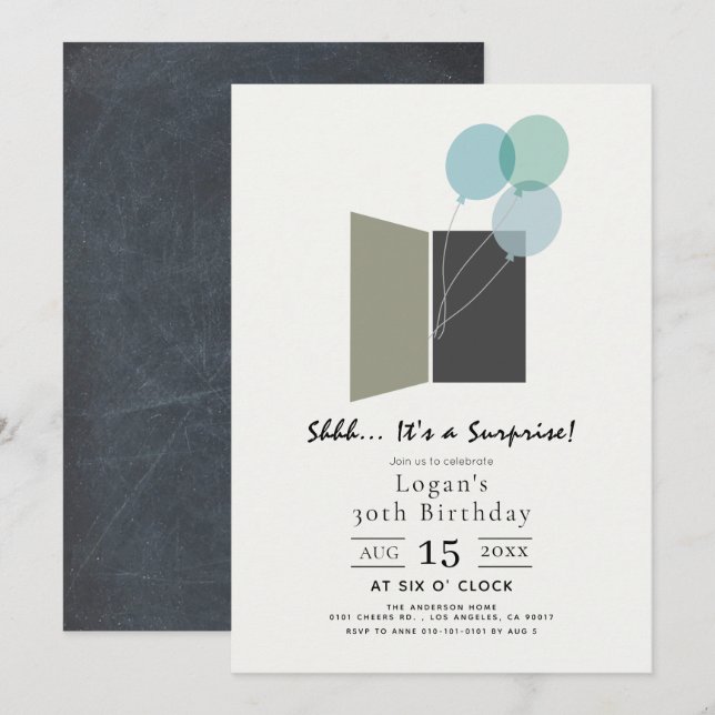 Blue Balloon Surprise Birthday Party Invitation (Front/Back)