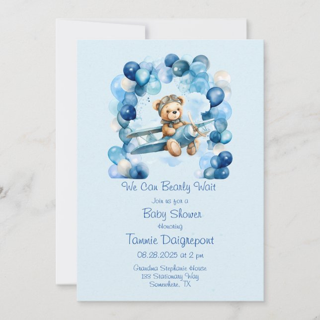 Blue Balloon Teddy Bear Aeroplane Boy Baby Shower Invitation (Front)