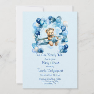 Blue Balloon Teddy Bear Aeroplane Boy Baby Shower Invitation
