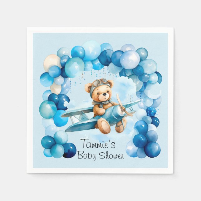 Blue Balloon Teddy Bear Aeroplane Boy Baby Shower Napkin (Front)