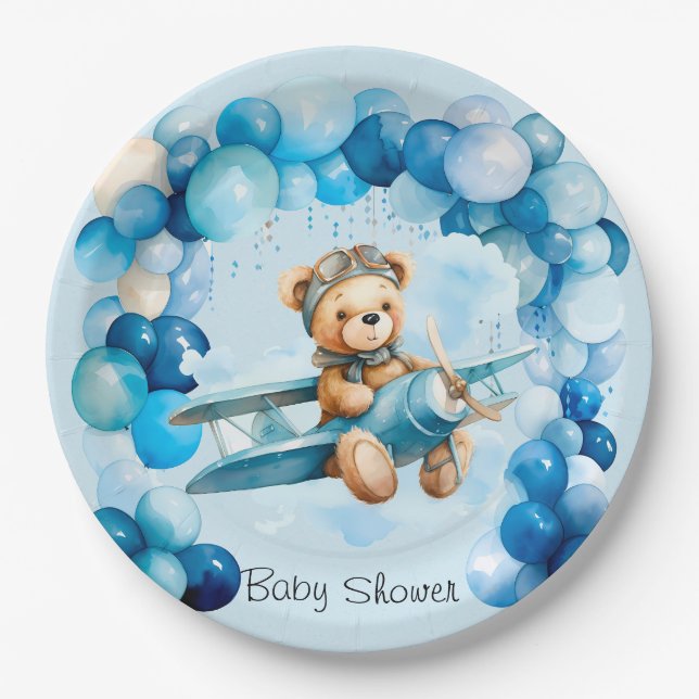 Blue Balloon Teddy Bear Aeroplane Boy Baby Shower Paper Plate (Front)