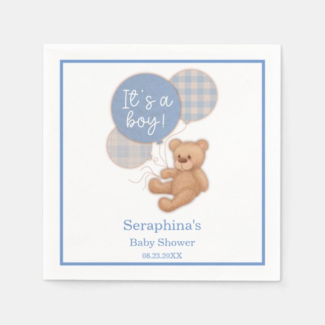 Blue Balloon Teddy Bear Baby Shower Napkins (Front)