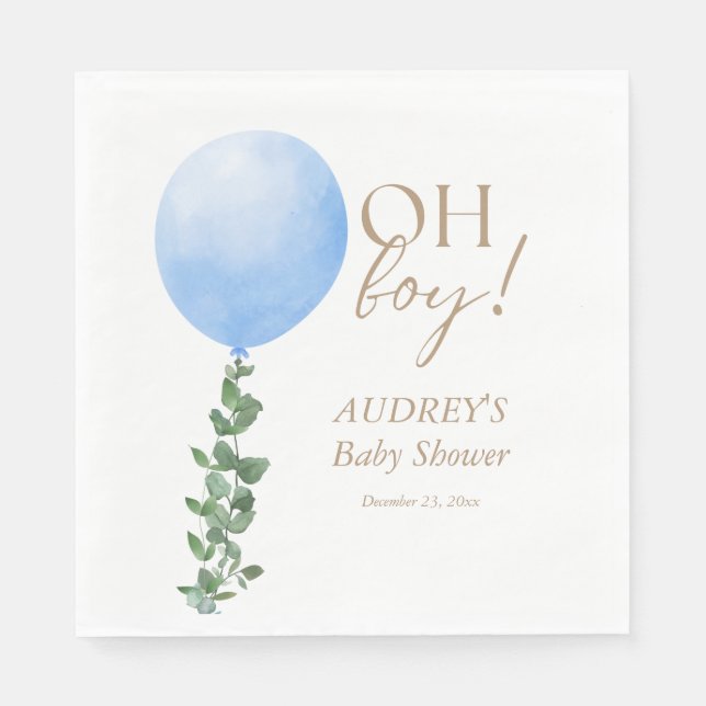 Blue Balloon Watercolor Baby Boy Shower Oh Boy Napkin (Front)