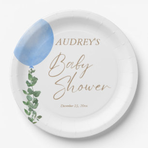 Blue Balloon Watercolor Baby Boy Shower Oh Boy Paper Plate