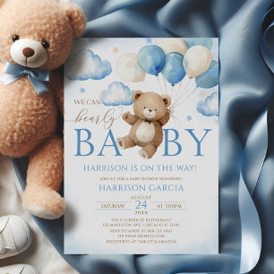 Blue Balloon We Can Bearly Wait Baby Shower Invitation
