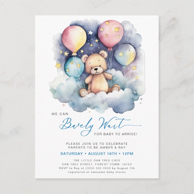 Blue Balloon We Can Bearly Wait Boy Baby Shower Invitation Postcard (Front)