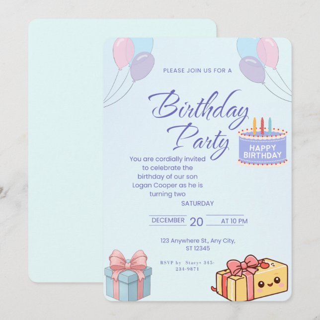Blue Balloons and Gifts Birthday Invitation - Cust (Front/Back)