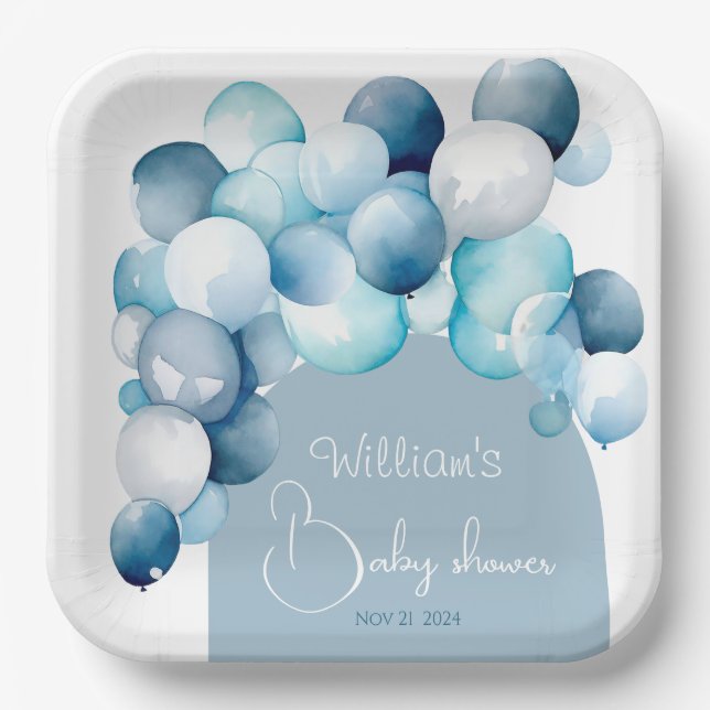Blue balloons arch baby shower paper plate (Front)