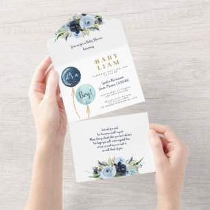 Blue balloons baby shower boy invitation