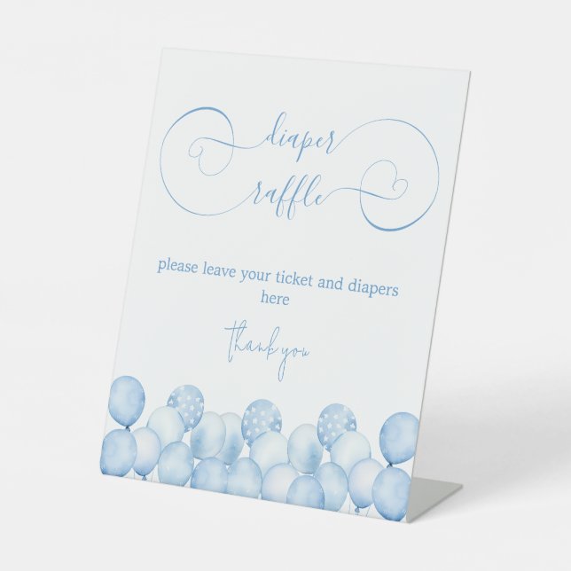 Blue Balloons Baby Shower Diaper Raffle Pedestal Sign (Front)