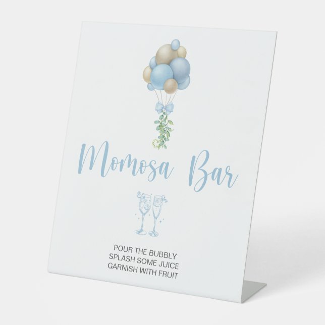 Blue Balloons Baby Shower Momosa Bar Pedestal Sign (Front)