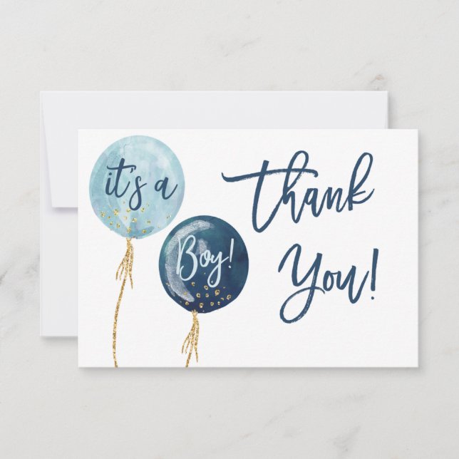 Blue balloons baby shower thank you card (Front)