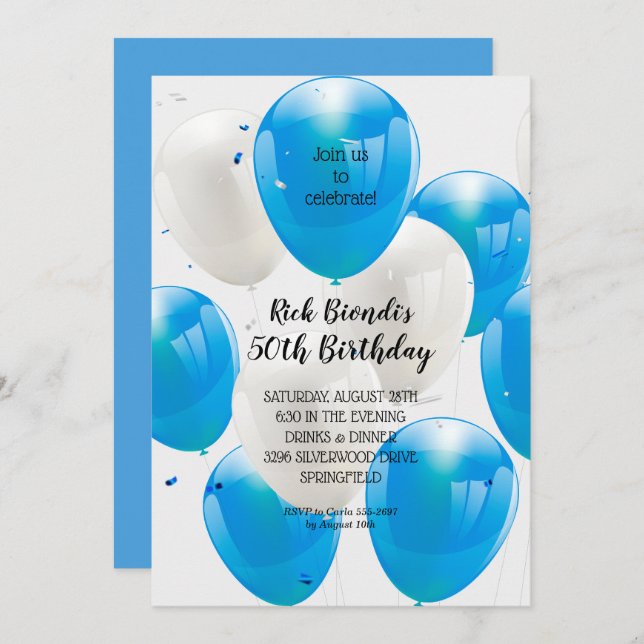 Blue Balloons Birthday Party Invitations (Front/Back)