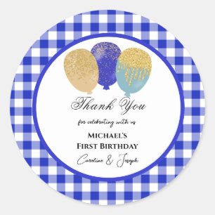 Blue Balloons & Blue Gingham Thank You Classic Round Sticker