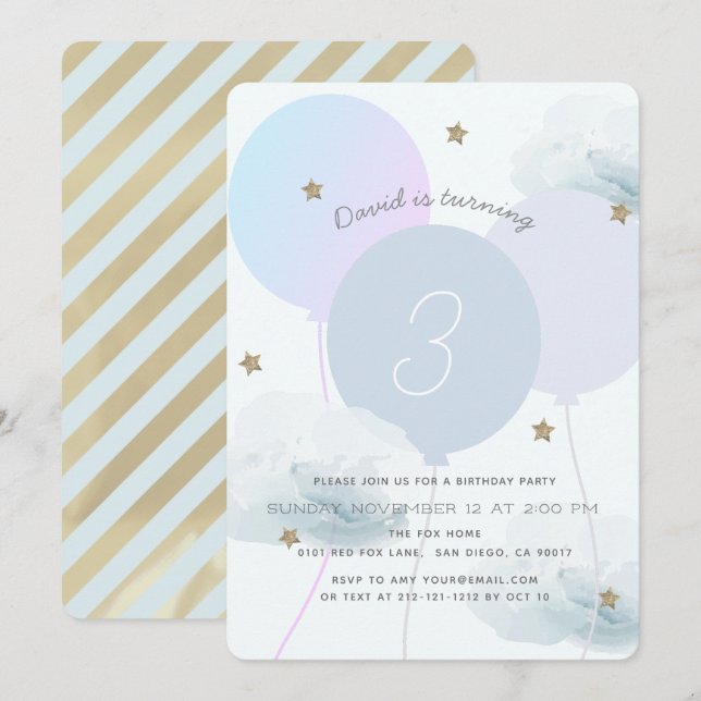 Blue Balloons & Clouds Birthday Party Invitation (Front/Back)