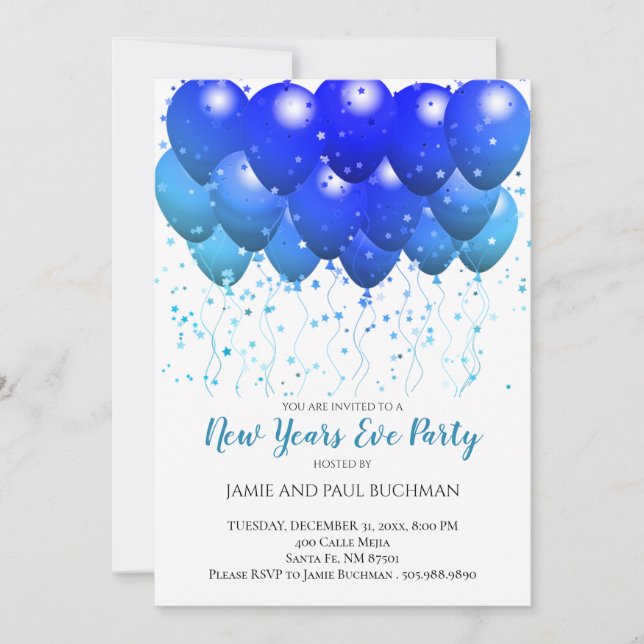 Blue balloons Confetti White New Year's Eve Party Invitation (Front)