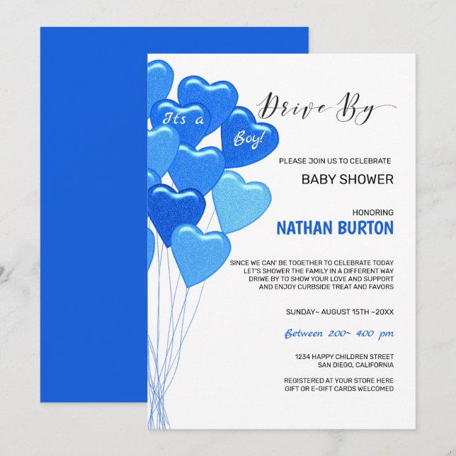Blue Balloons Drive By Baby Invitation (Front/Back)