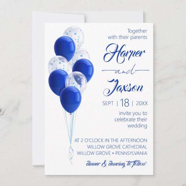 Blue Balloons. Elegant wedding card.  Invitation (Front)