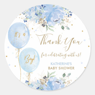 Blue Balloons Floral Baby Shower Thank You Favour Classic Round Sticker