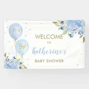 Blue Balloons Floral Baby Shower Welcome Backdrop Banner