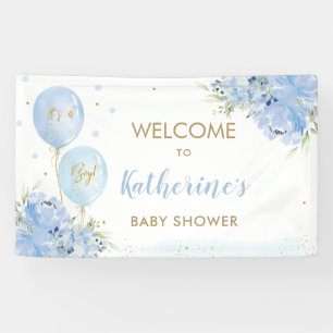 Blue Balloons Floral Baby Shower Welcome Backdrop Banner
