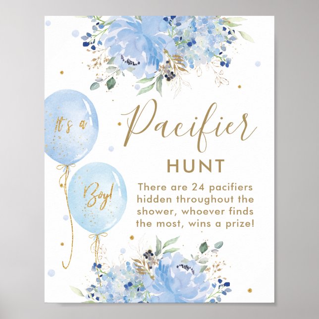 Blue Balloons Floral Boy Baby Pacifier Hunt Game Poster (Front)