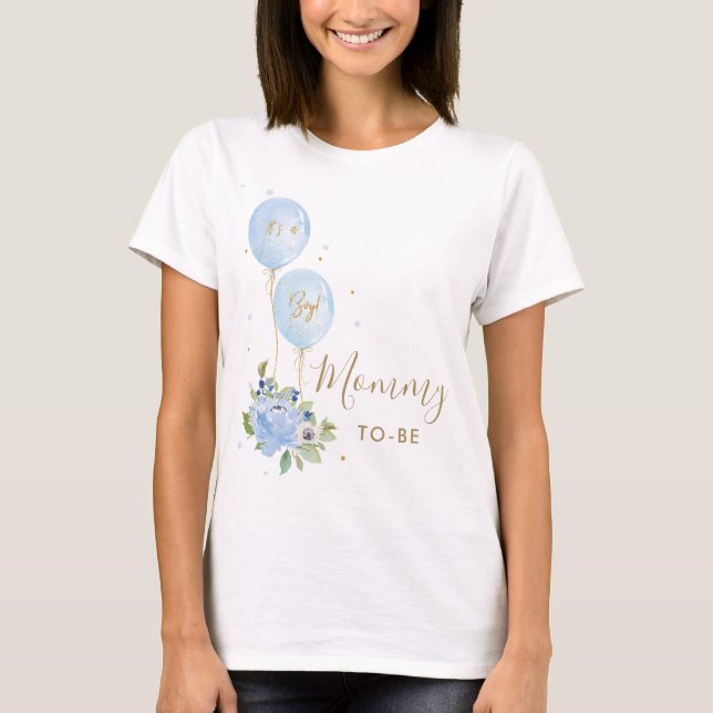 Blue Balloons Floral Boy Baby Shower Mummy to be  T-Shirt (Front)
