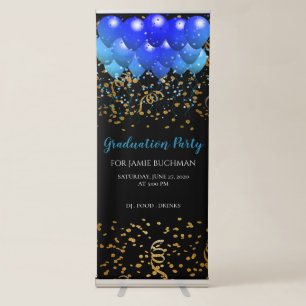 Blue Balloons Gold Confetti Black Graduation Retractable Banner
