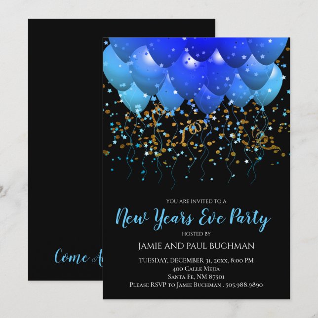 Blue balloons Gold Confetti Black New Year's Eve Invitation (Front/Back)