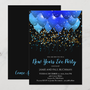 Blue balloons Gold Confetti Black New Year's Eve Invitation