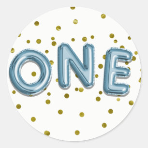 Blue Balloons Gold Confetti ONE 1st Birthday Party Classic Round Sticker